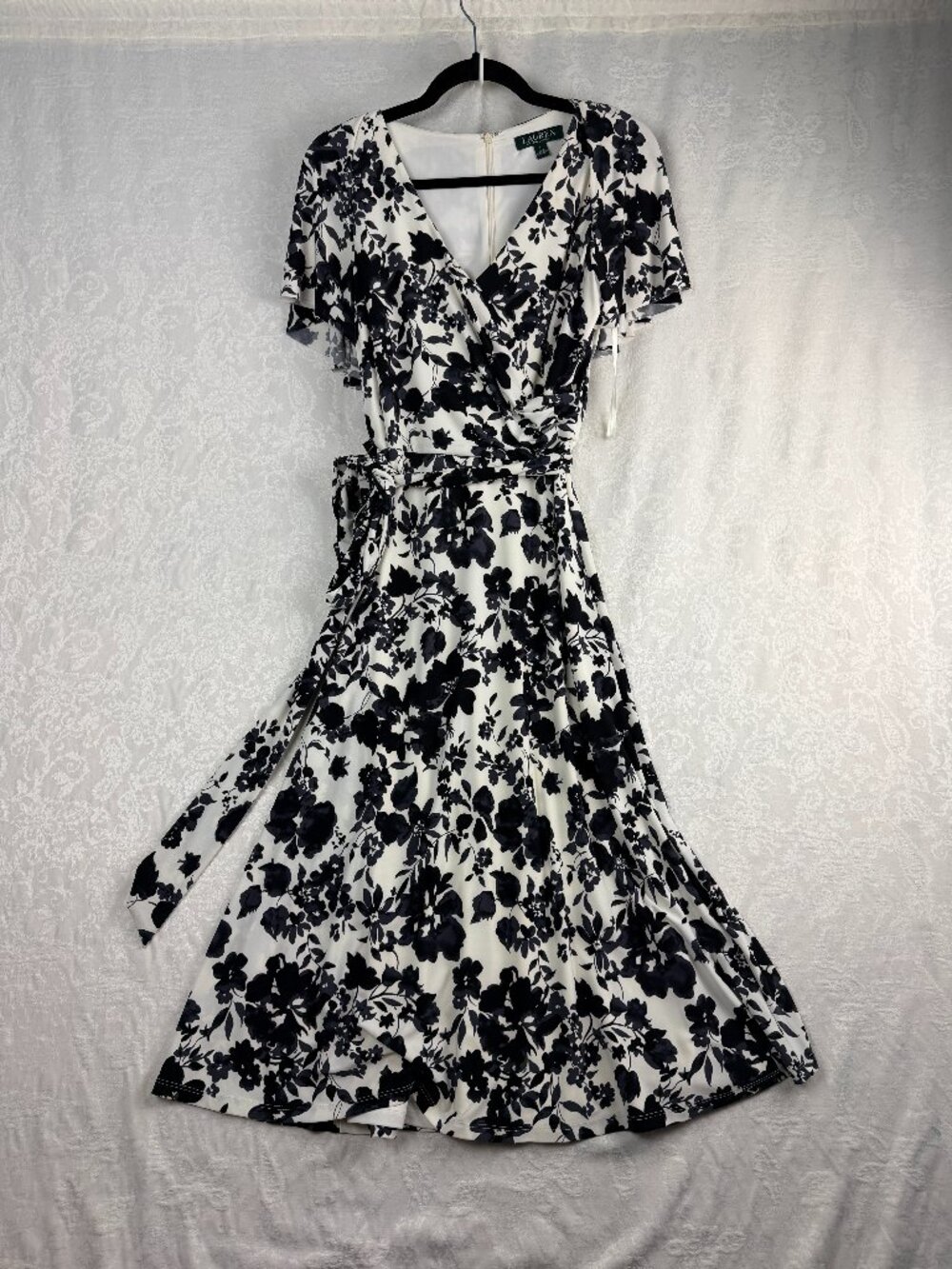 Lauren Ralph Lauren Women's 2 Black White Floral Faux Wrap Midi Dress Beautiful